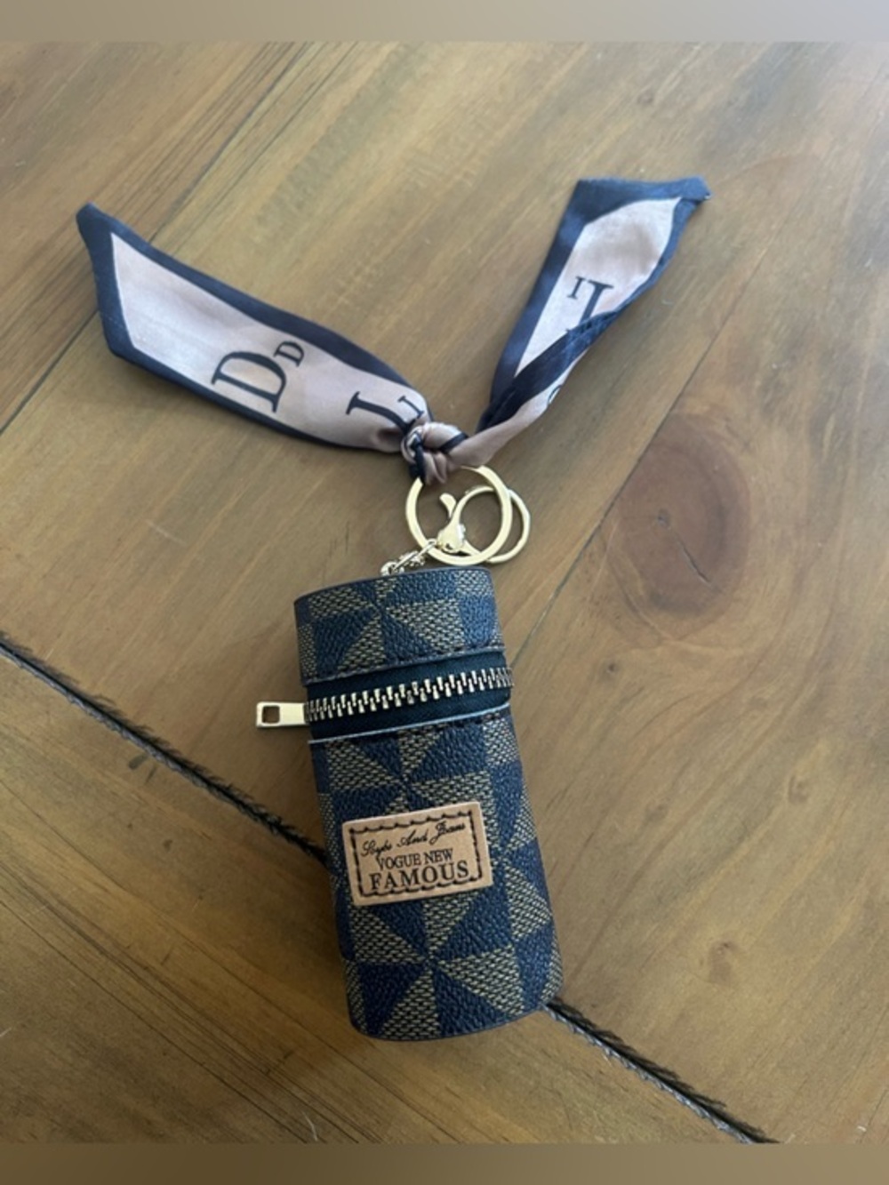 Vogue Navy and Tan Cylinder Key Case with Scarf Key Ring